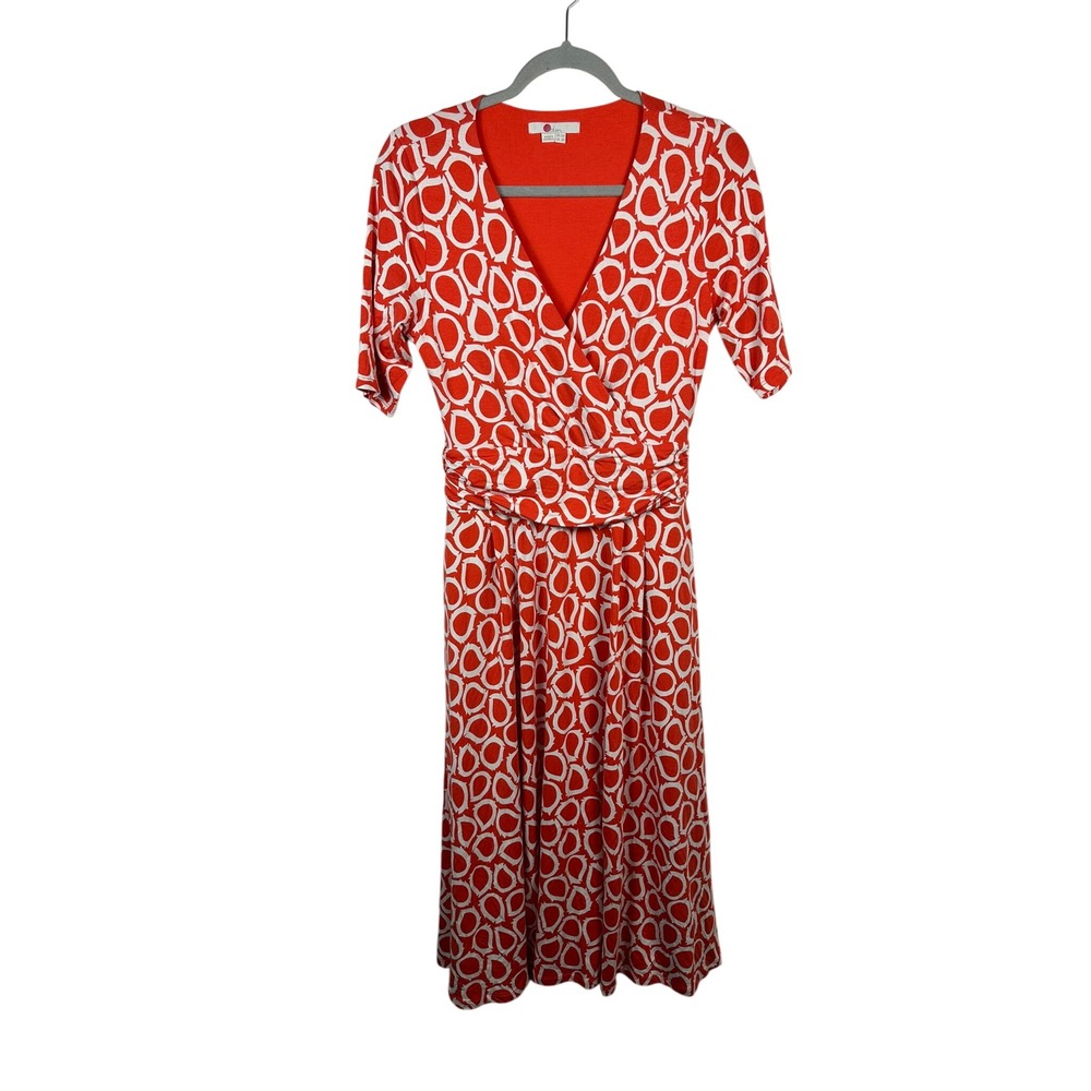 Boden Faux Wrap Dress Womens 6R Red White Geometric Midi Excellent J0155